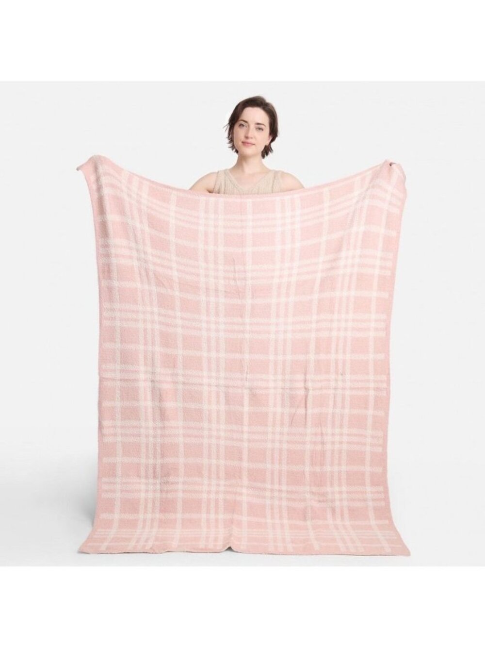 COMFYLUXE Pink White Plaid Cozy Super Soft Plush Reversible Throw Blanket 50x60